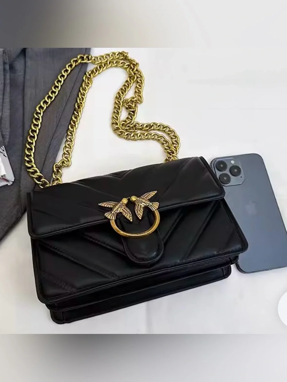 New Designer Inspired Black Quilted Chain Crossbody Bag